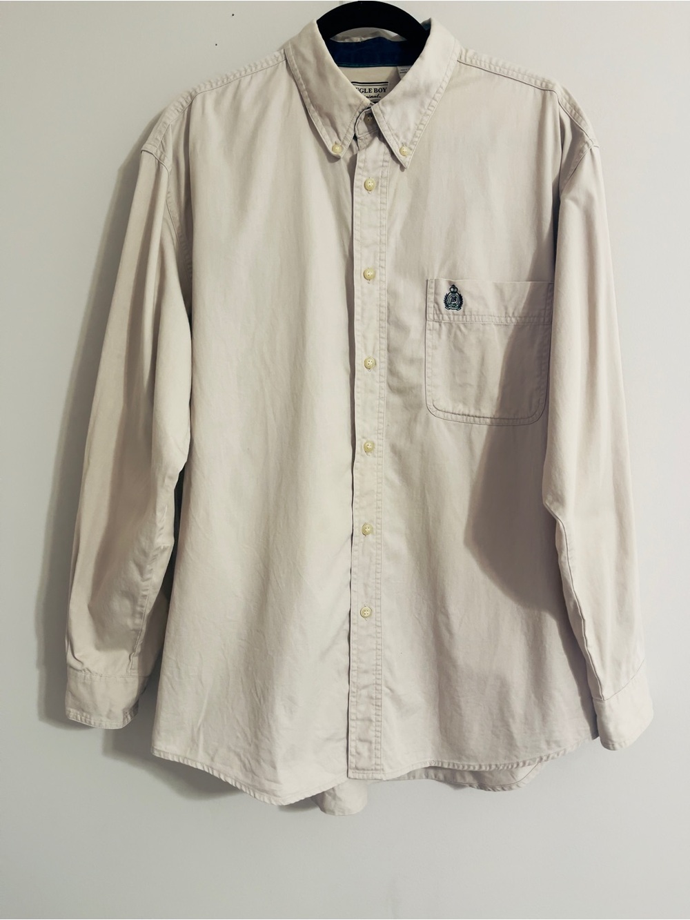 Vintage Bugle Boy Shirt Mens L Khaki Crest Button Down Logo Pocket 90s Retro y2k